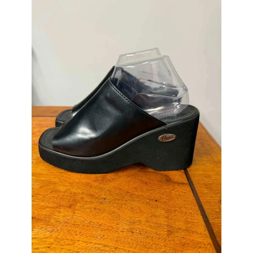 Vintage Candies Women's 9 Black Platform Wedge Slide Sandals Peep Toe Mules